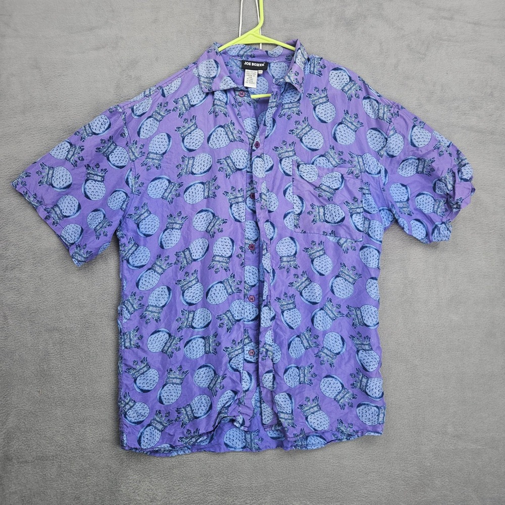 Joe Boxer Mens Silk Button Down Shirt Purple Golf Ball Crown Print Size M